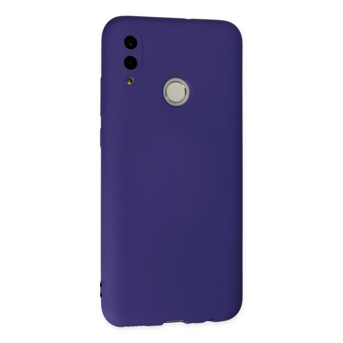 İki kameralı ve parmak izi sensörlü koyu mor telefon kılıfı.
