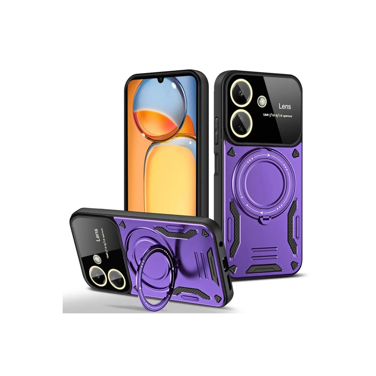 Halka tutuculu ve kamera detaylı mor telefon kılıfları, beyaz zeminde.