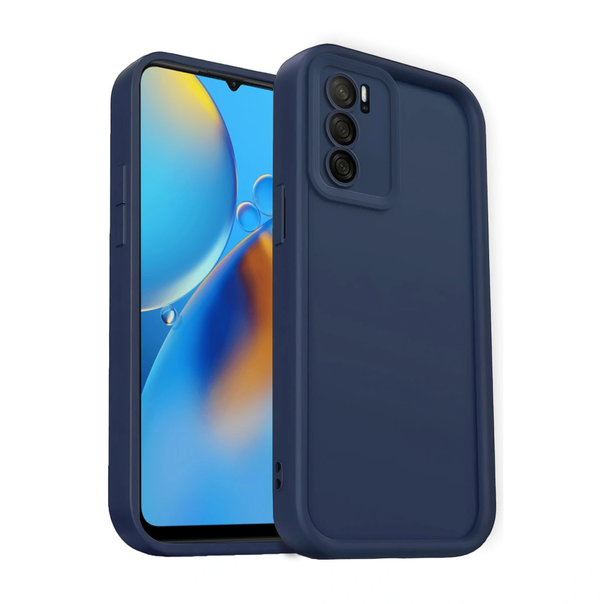 Üç kameralı lacivert telefon ve mavi duvar kağıdı.