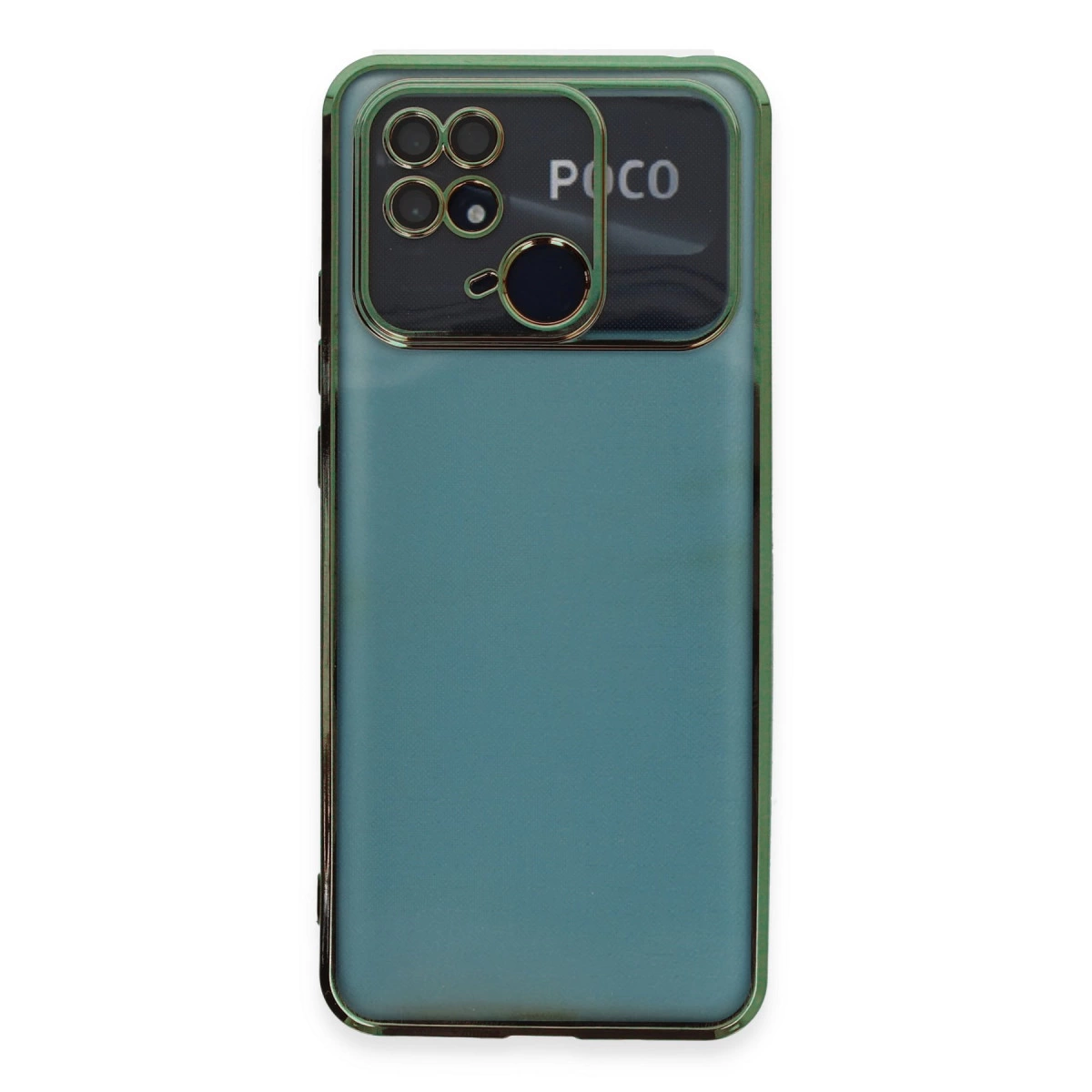 Arkada POCO logosu ve dörtlü kamerası olan, teal renkli bir telefon.