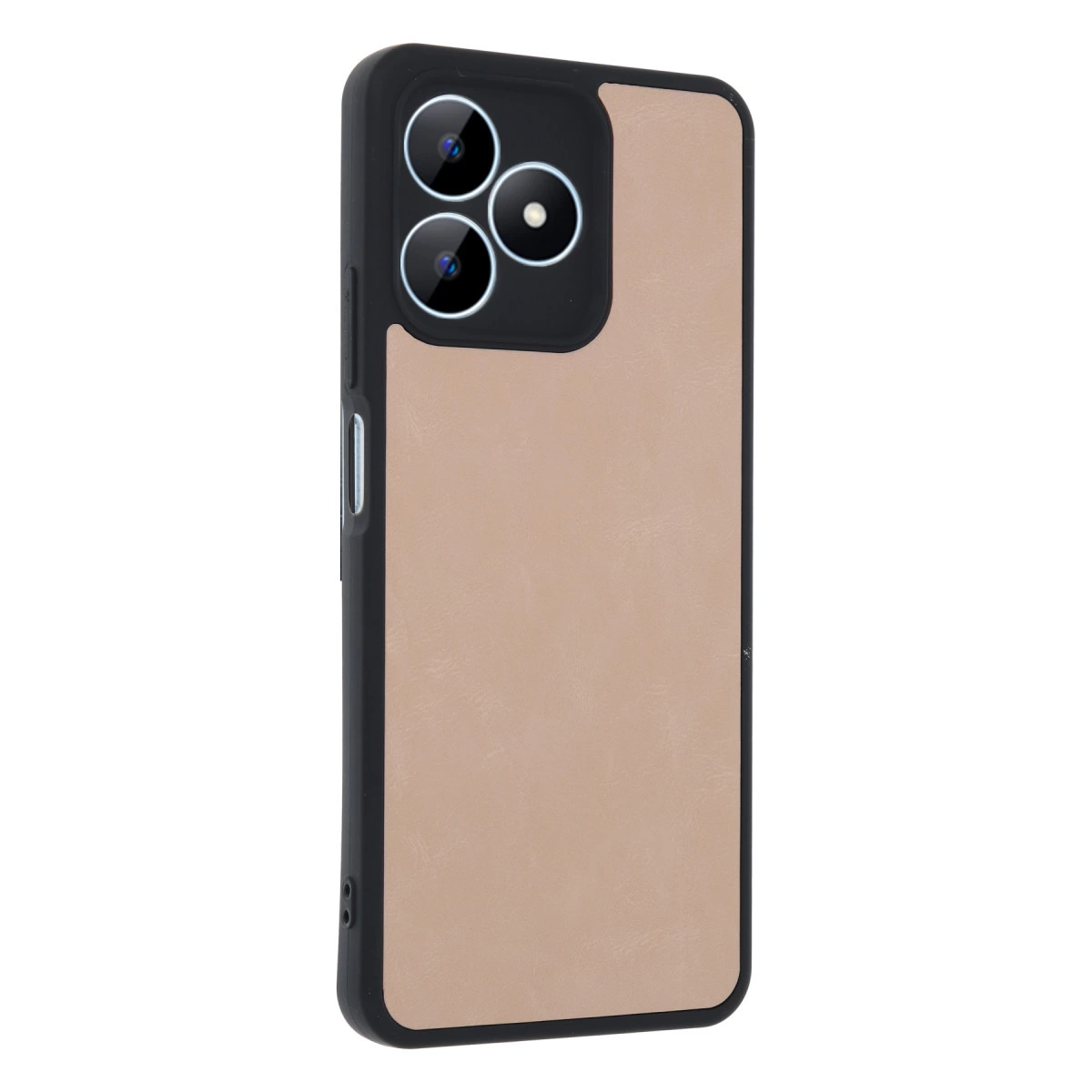 Üç kameralı ve açık kahverengi arka panelli telefon kılıfı.
