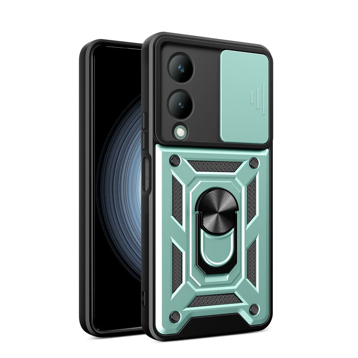 Kamera kapaklı ve halka tutuculu nane yeşili telefon kılıfı.