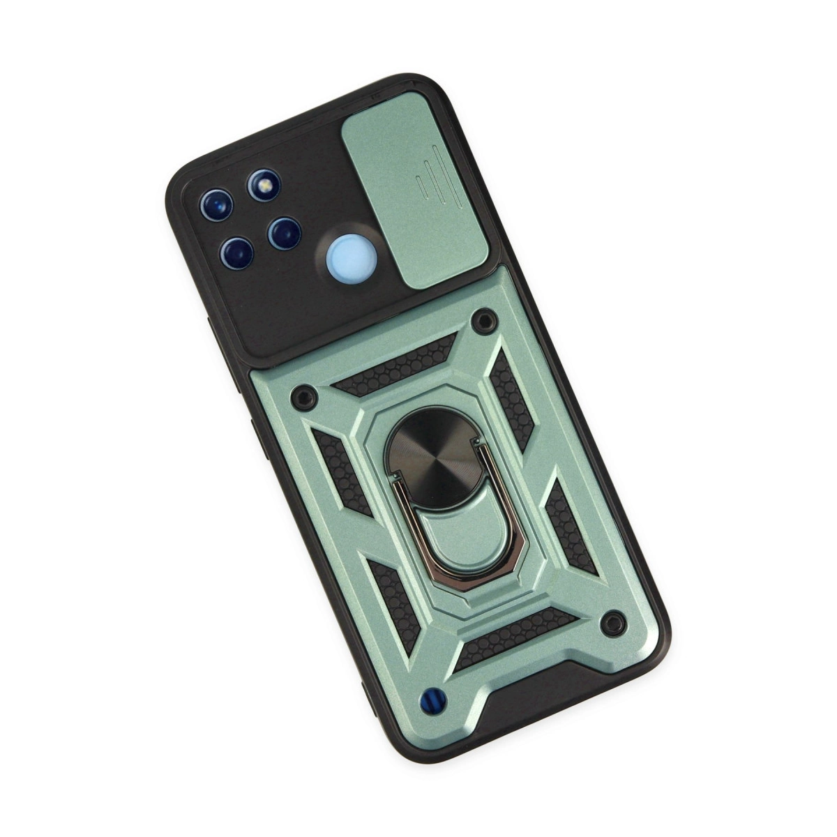 Halka tutuculu ve kayar kamera kapaklı, teal renkli telefon kılıfı.