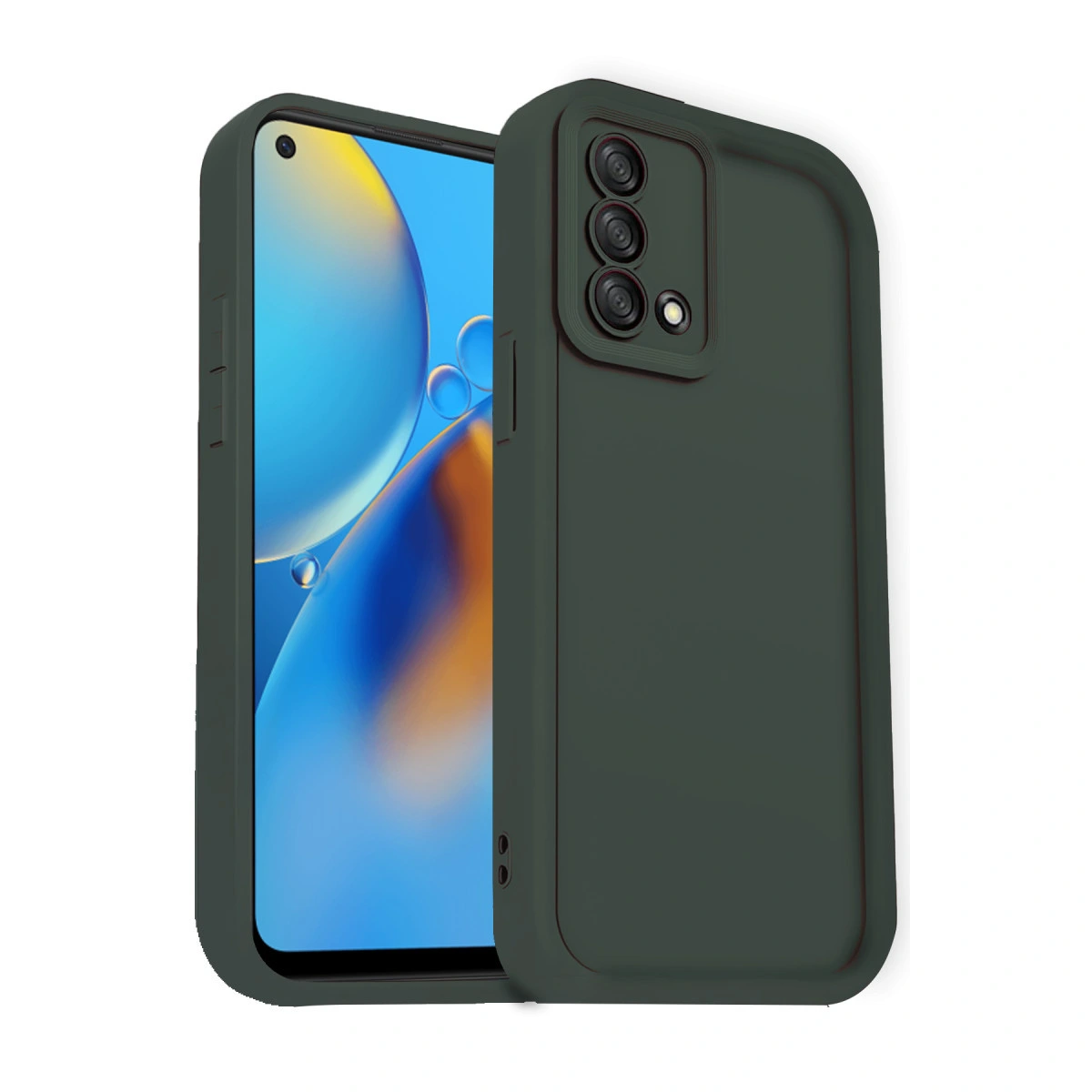 Üç kamera ve flaşlı koyu yeşil telefon kılıfı, beyaz arka plan üzerinde.