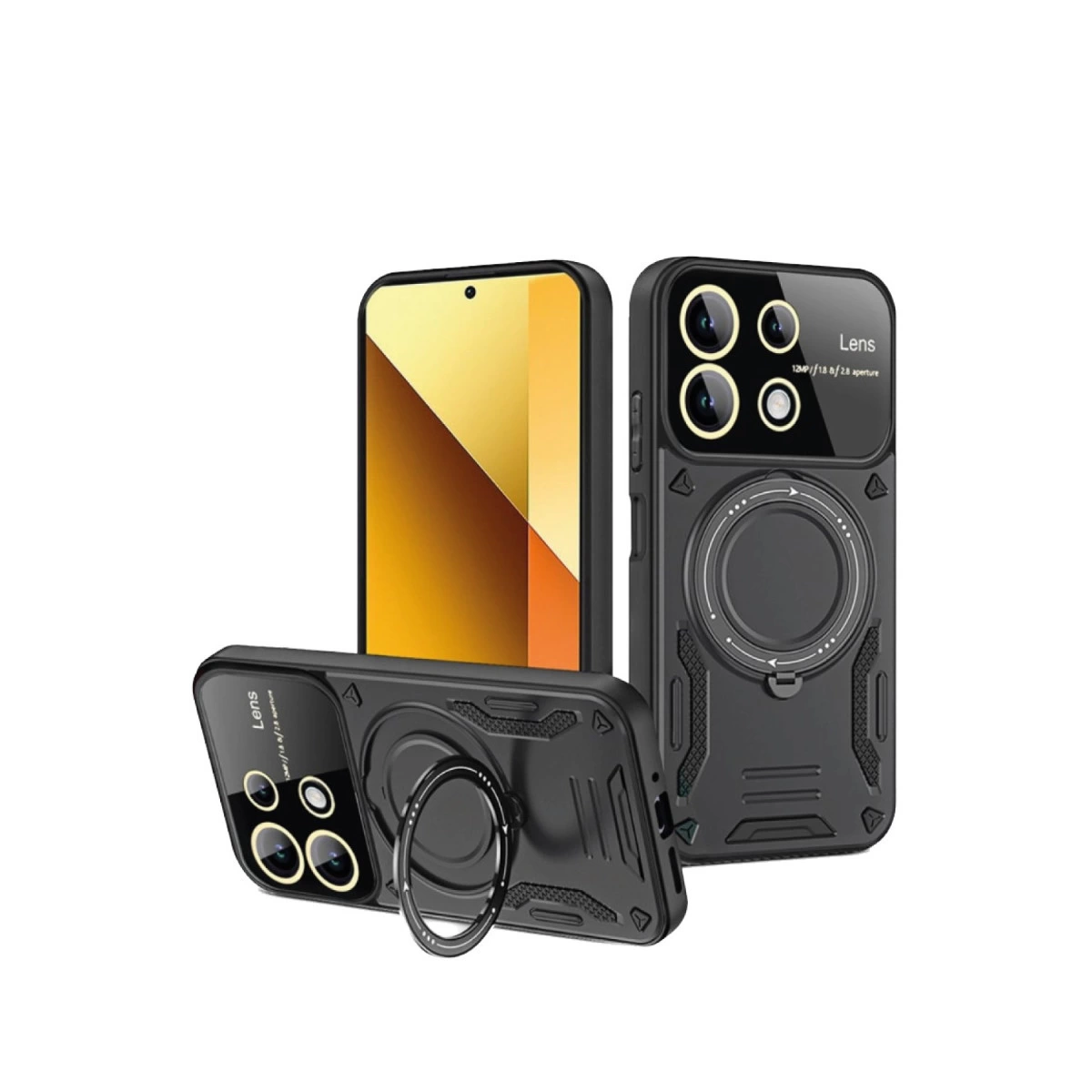 Halkalı üç siyah telefon kılıfı, biri sarı ekran gösteriyor, beyaz arka plan.