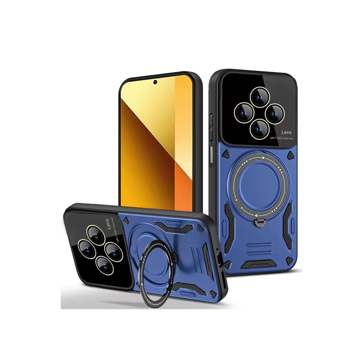 Dört lensli, halka tutuculu, gri aksanlı mavi telefon kılıfı.