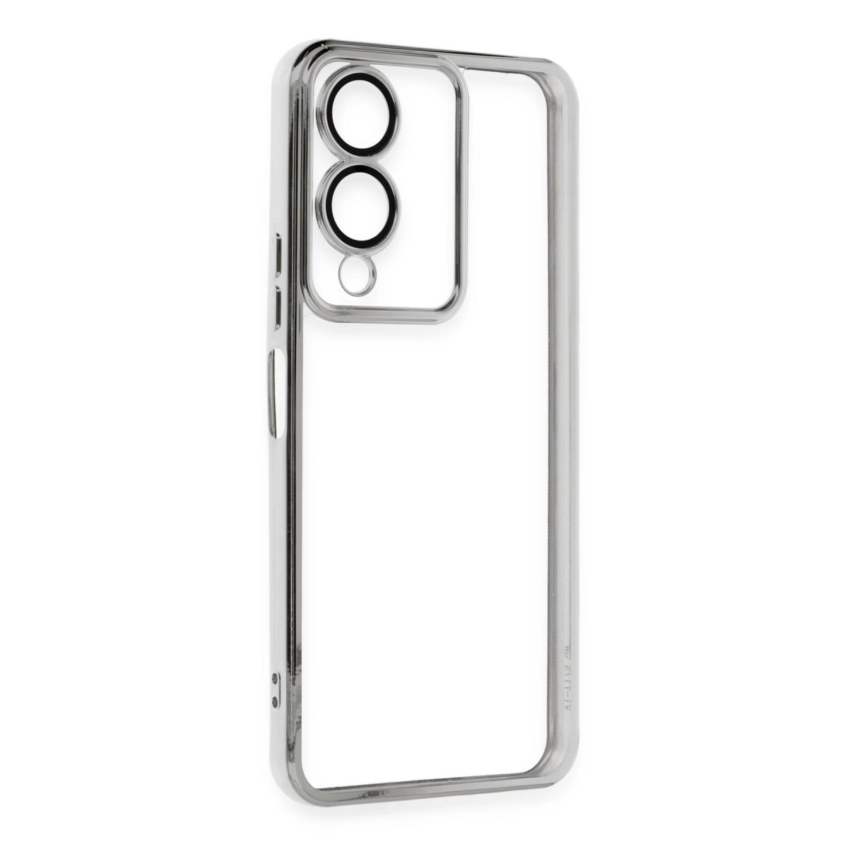 Telefonun kamerası için tasarlanmış, gümüş metal çerçeveli şeffaf telefon kılıfı.