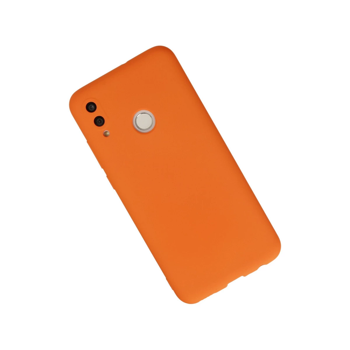 Çift kameralı ve parmak izi sensörlü turuncu telefon kılıfı.