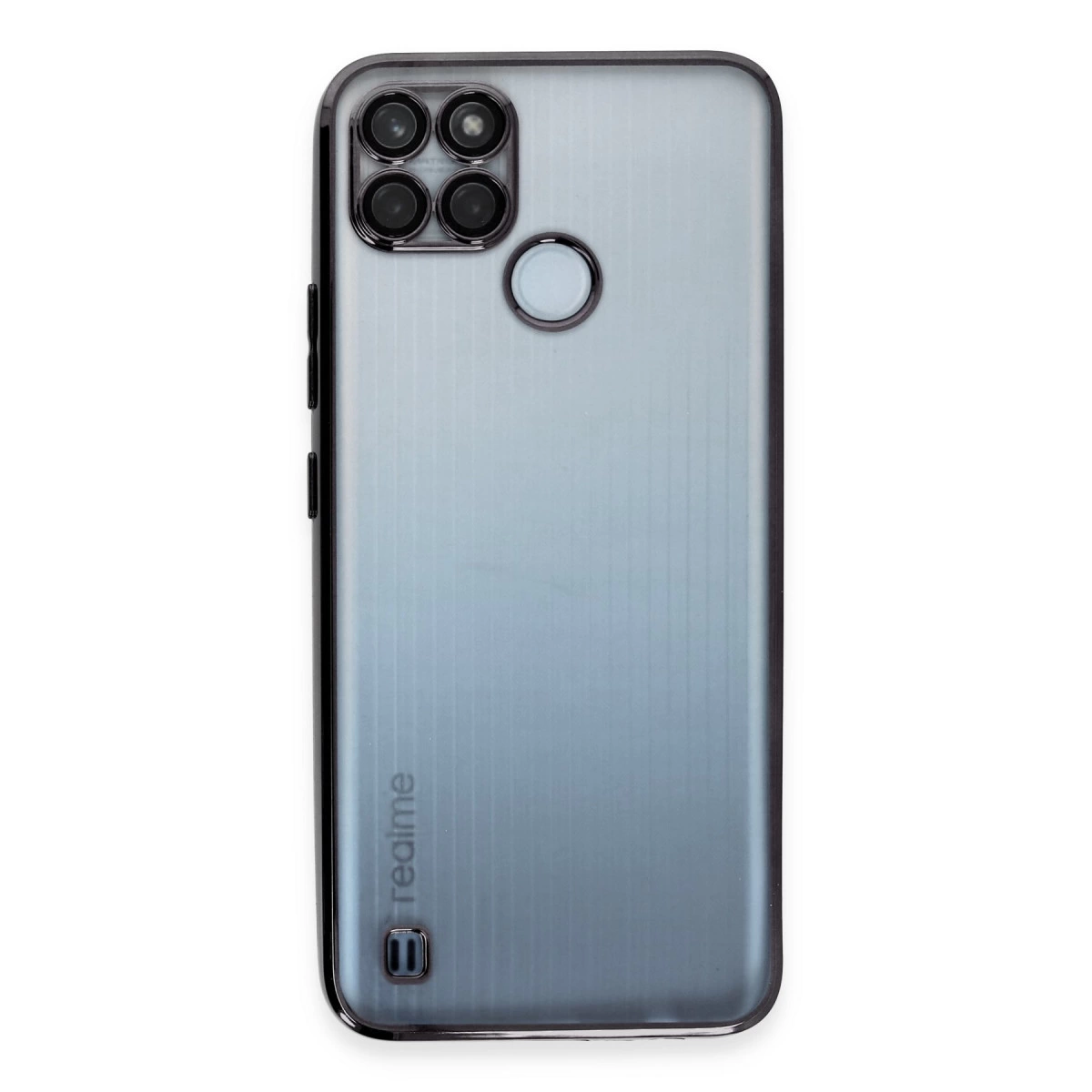 Dört kameralı gri akıllı telefonun arkası ve Realme logosu.