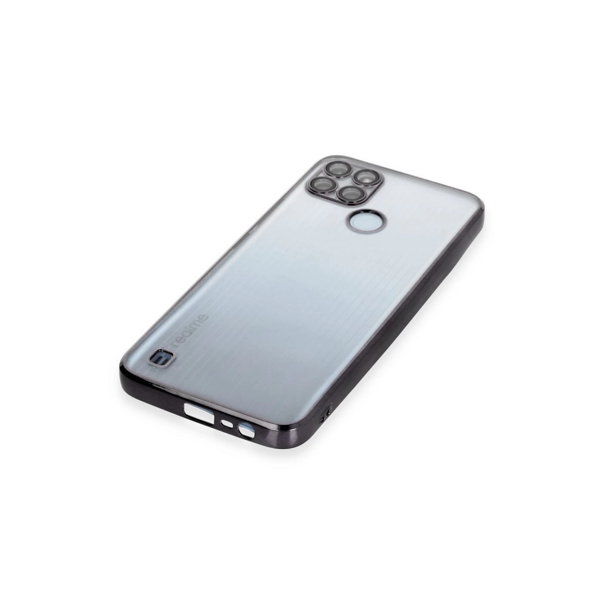 Doku detaylı arka ve kamera kesimli gümüş renkli akıllı telefon kılıfı.