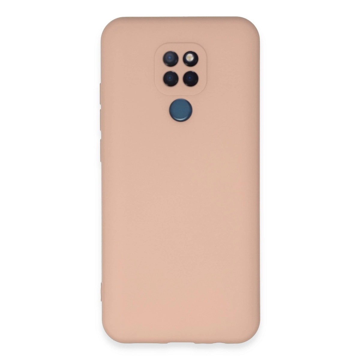 Kamera modülü ve parmak izi sensörlü şeftali rengi telefon kılıfı.