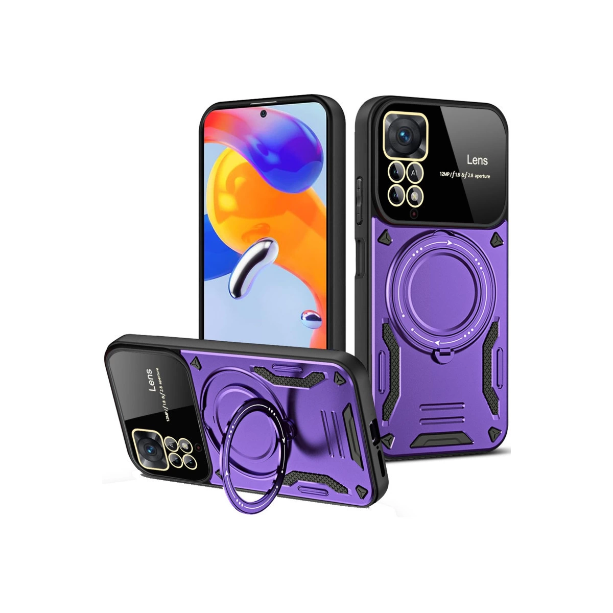 Halka tutuculu ve kamera detaylı mor telefon kılıfları.