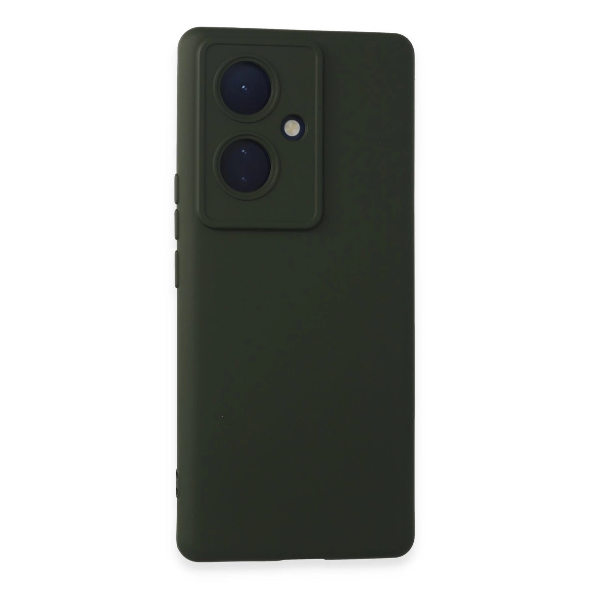 Arkada flaşlı çift kamera kurulumuna sahip koyu yeşil telefon kılıfı.