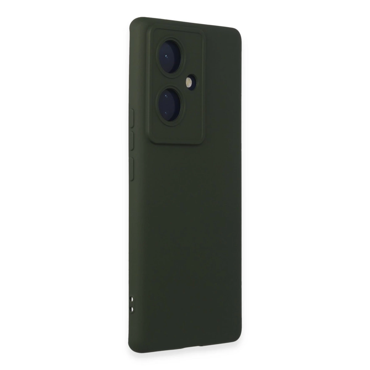 Arkada iki kamera lensi ve flaşı olan koyu yeşil telefon kılıfı.
