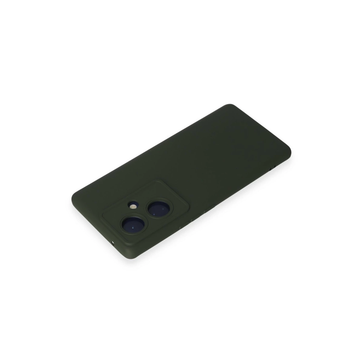 Beyaz arka plan üzerinde kamera kesimli koyu yeşil telefon kılıfı.