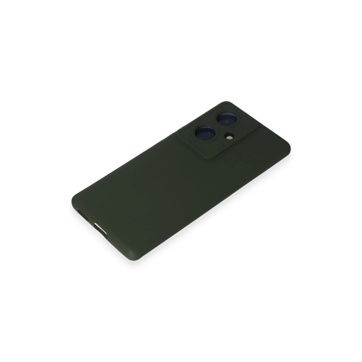 Koyu yeşil telefon kılıfı, dikdörtgen kamera modülüyle, beyaz arka plan üzerinde.