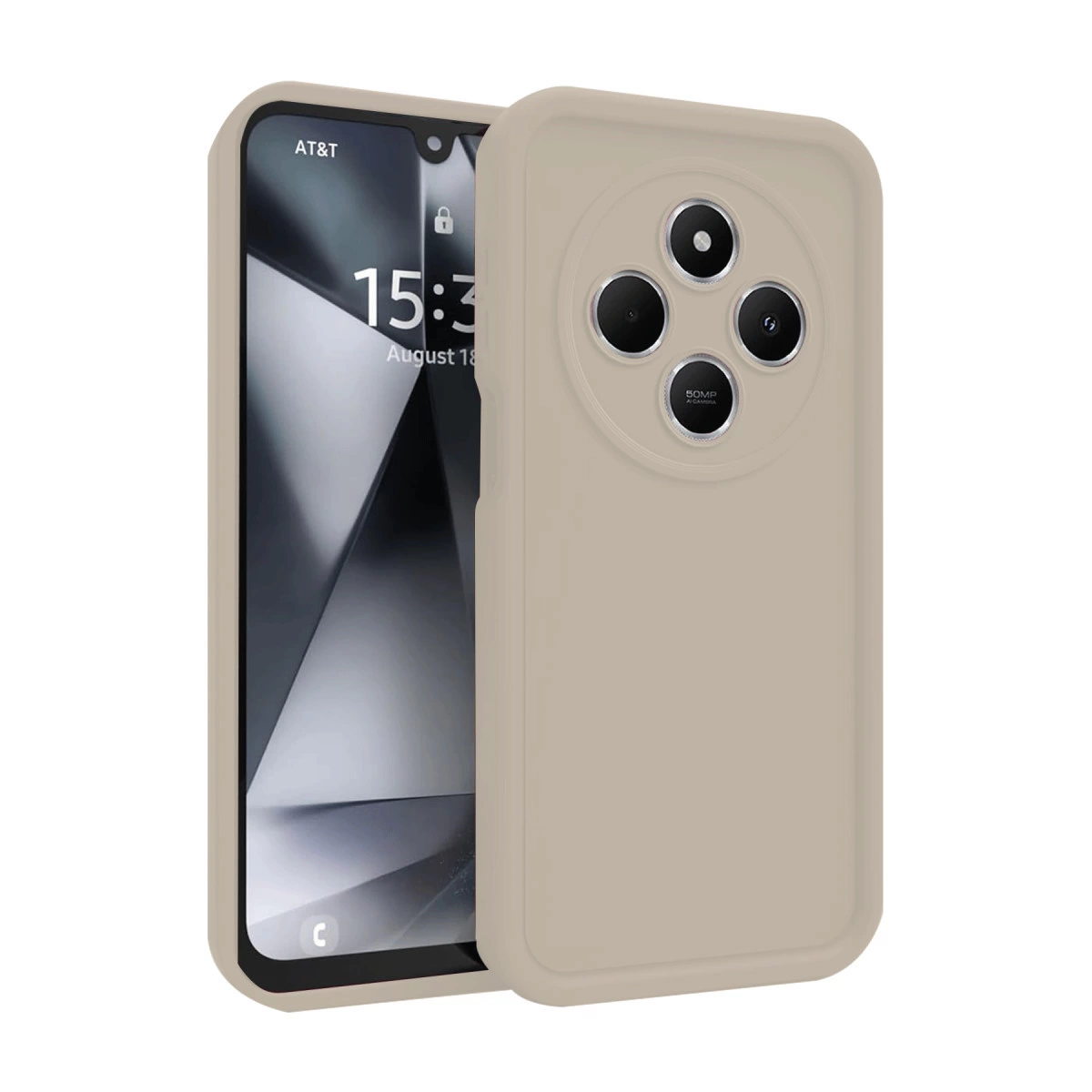 Arkada dört kamera gösteren kılıflı açık kahverengi telefon.