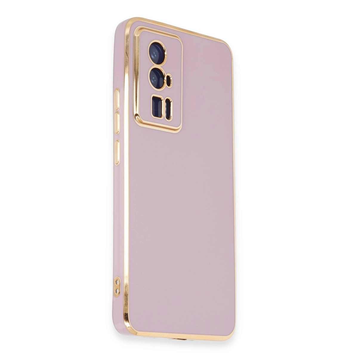 Altın kenarlı ve kamera kesimli mor telefon kılıfı.