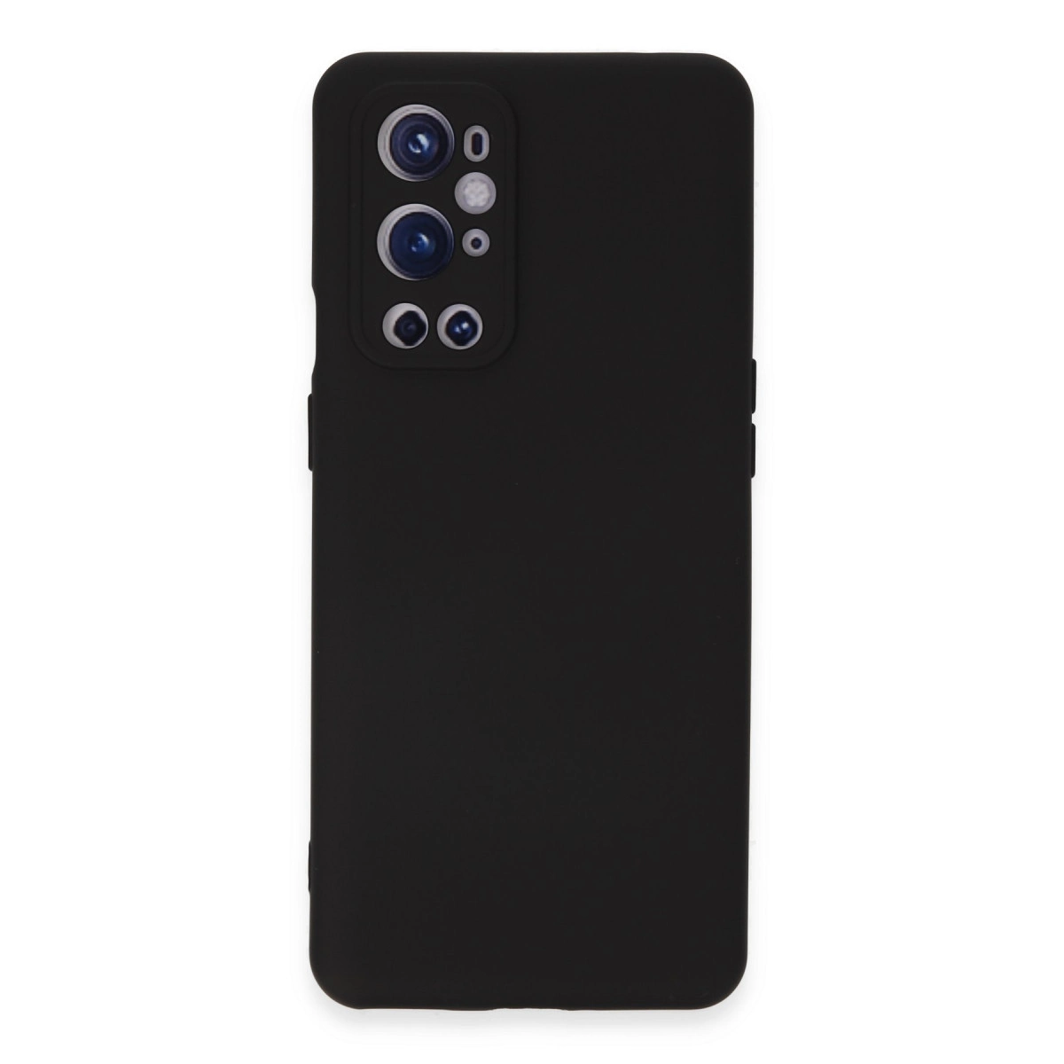 Üç lensli ve iki küçük yuvarlaklı kamera modülüne sahip siyah telefon kılıfı.