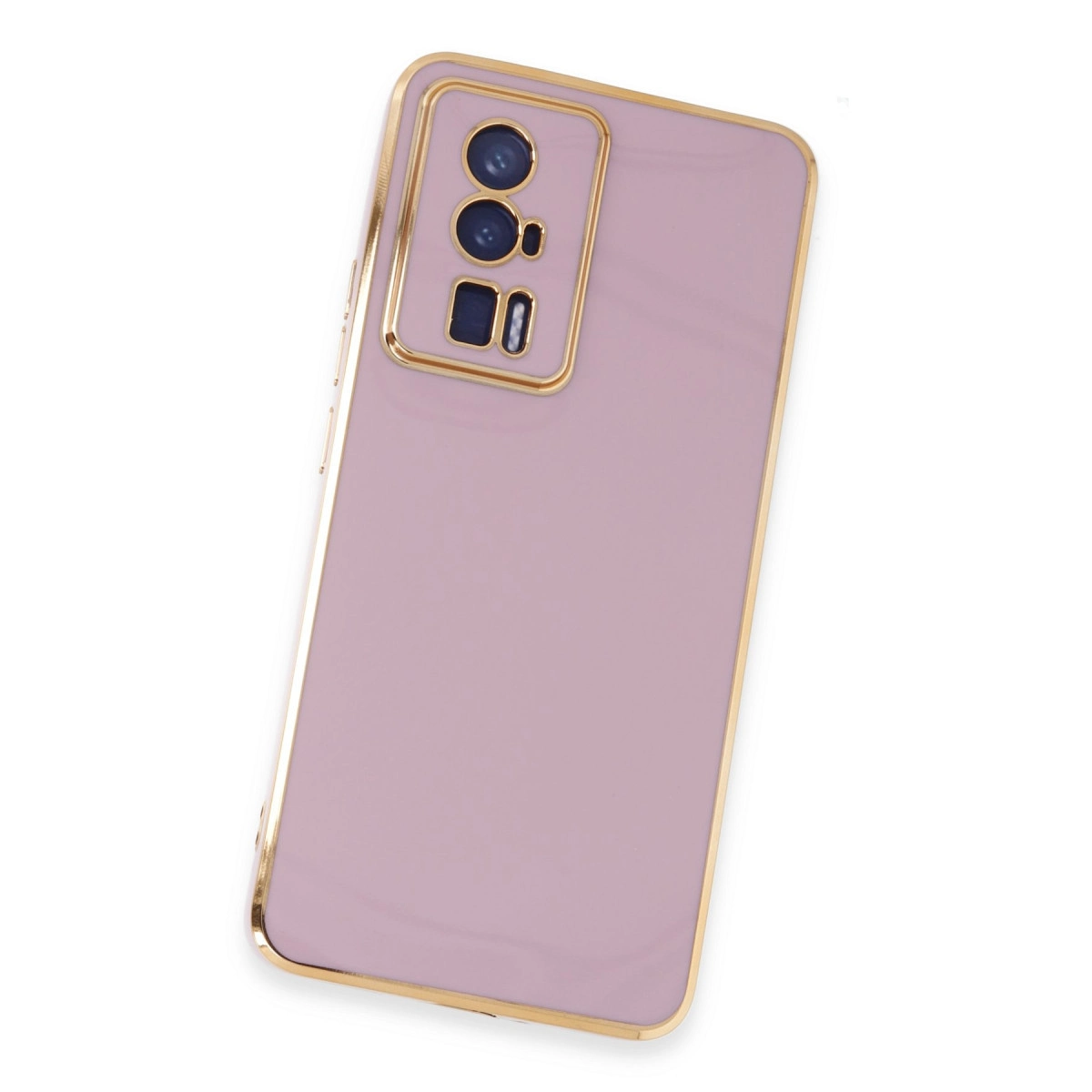 Altın kenarlı, açık mor telefon kılıfı ve kamera modülü.