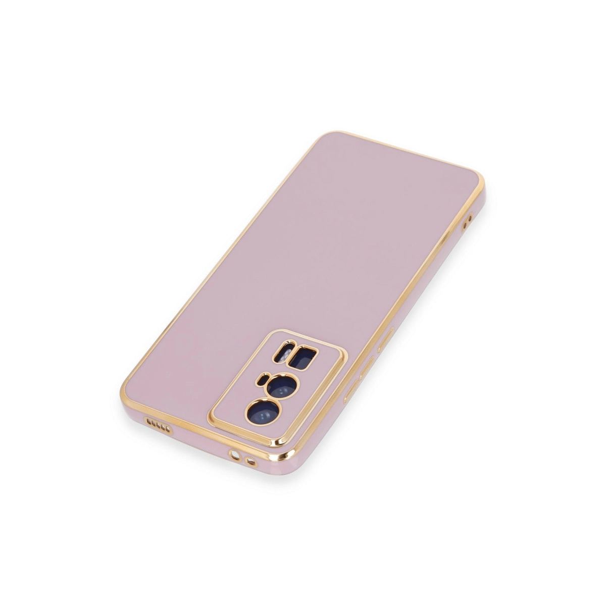 Altın kenarlı, dikdörtgen kameralı pastel renkli telefon kılıfı.