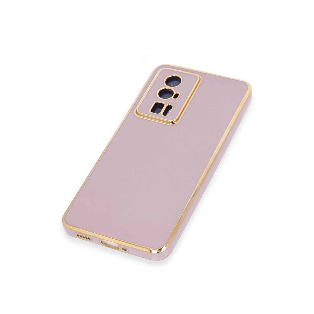 Altın çerçeveli ve kamera kesimli açık pembe telefon kılıfı.