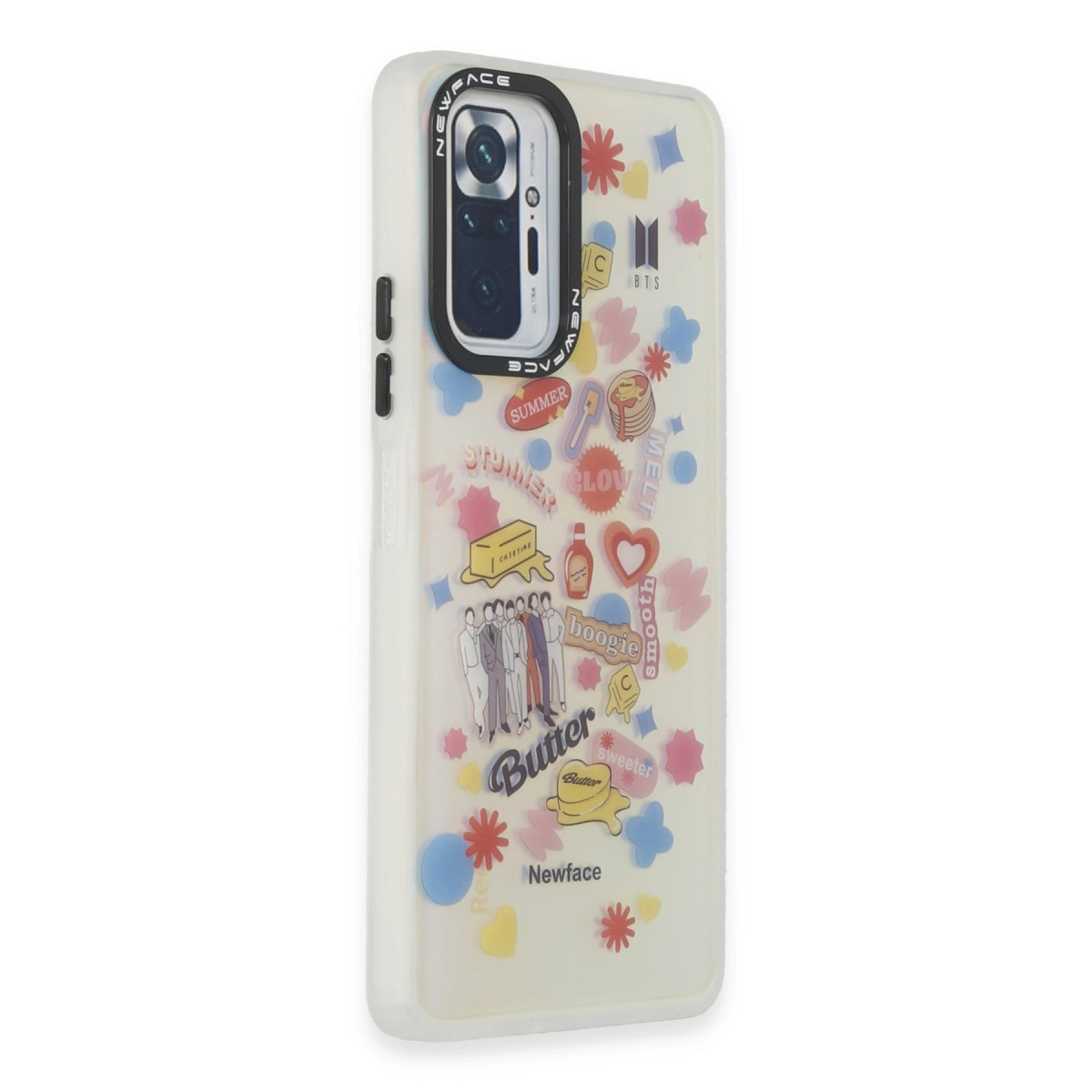 BTS Butter temalı çıkartmalarla şeffaf telefon kılıfı: BTS logosu, üyeler, tereyağı, metin.