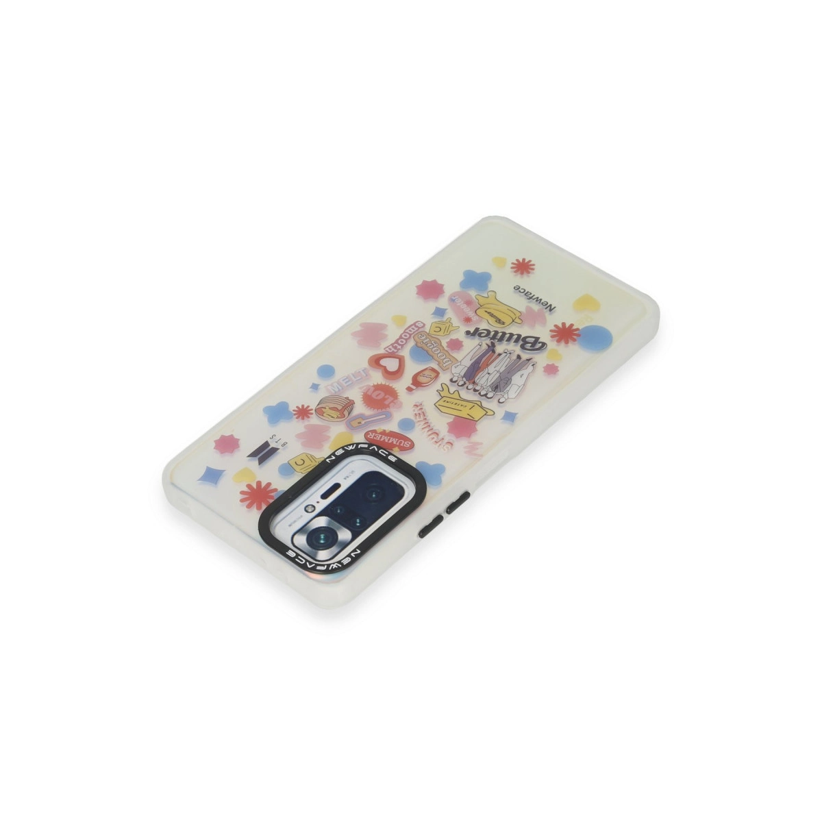 Renkli BTS Butter temalı çıkartmalar ve kamera lensi içeren şeffaf telefon kılıfı.