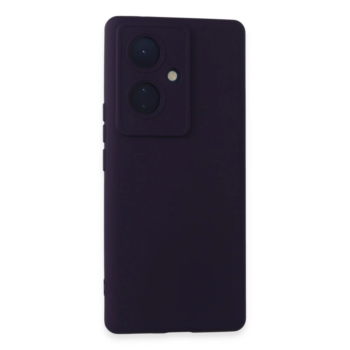 Siyah kamera lensi ve flaşlı koyu mor telefon kılıfı.