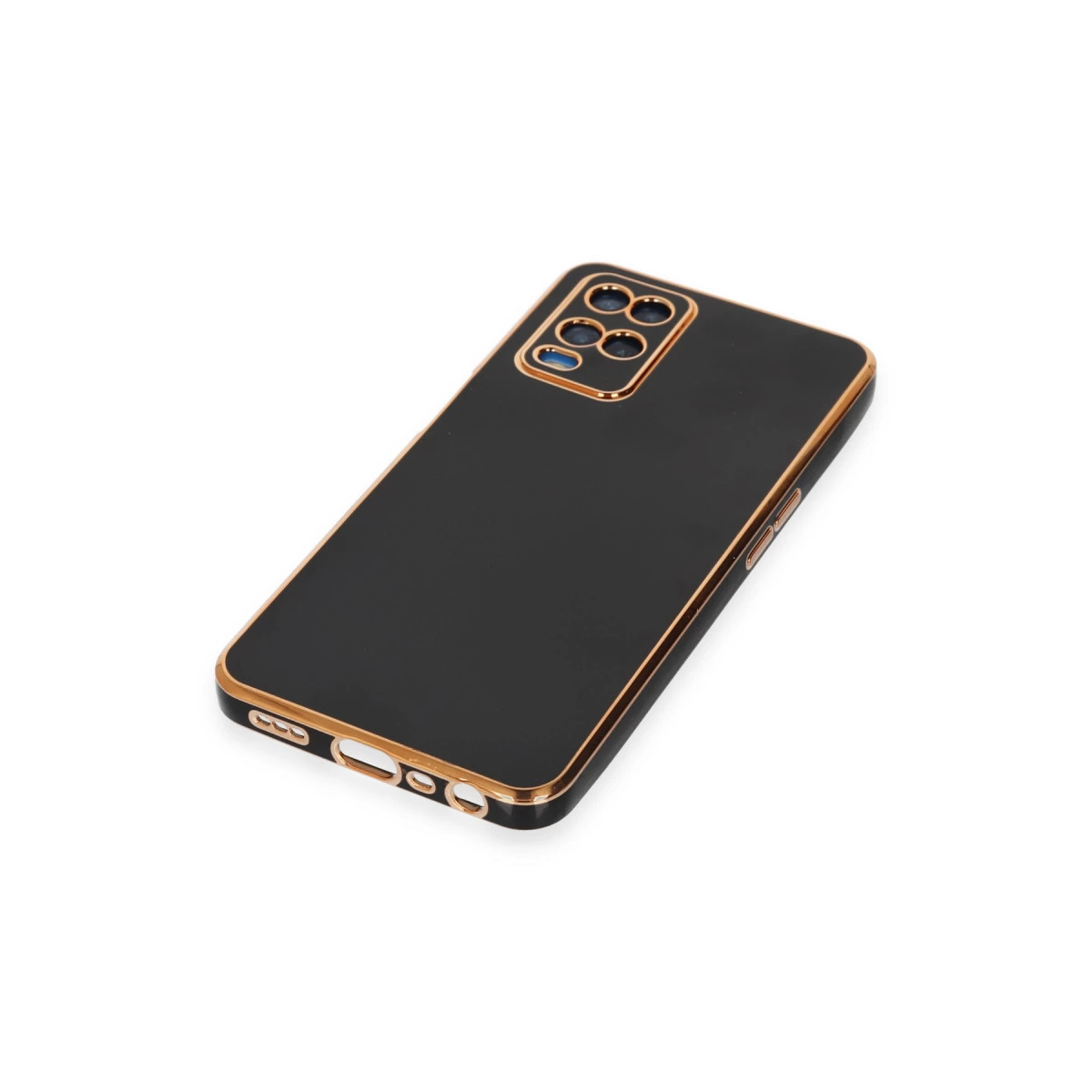 Altın kenarlı siyah telefon kılıfı ve kamera lens detayı.