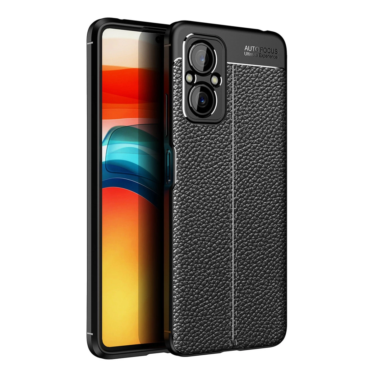 Arkada kamera sistemli, deri dokulu siyah telefon kılıfı.