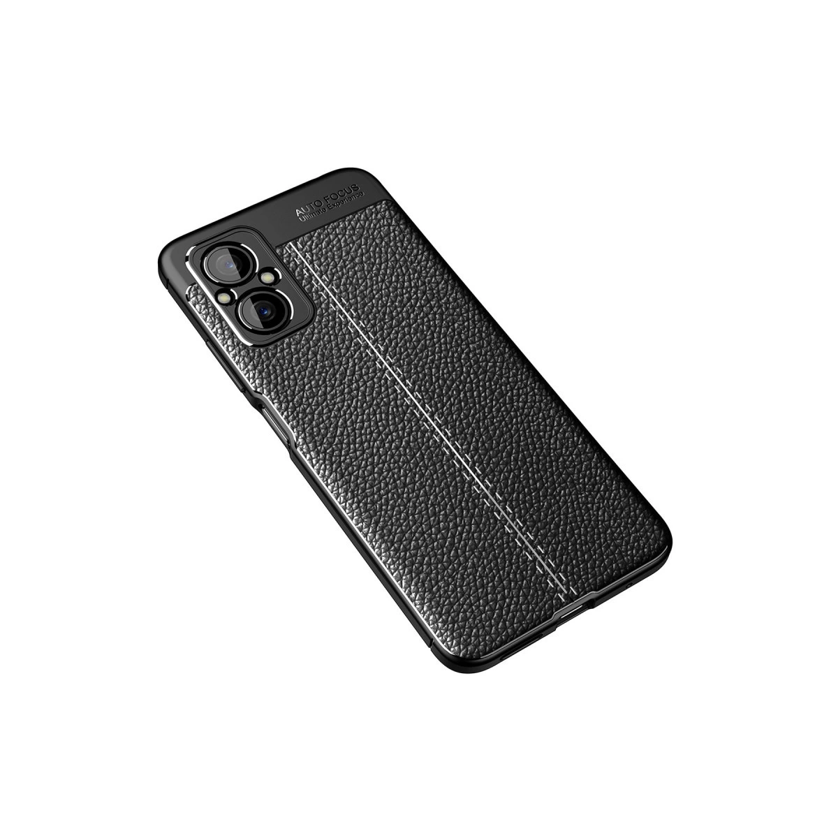 Deri dokulu, çift dikişli siyah telefon kılıfı.