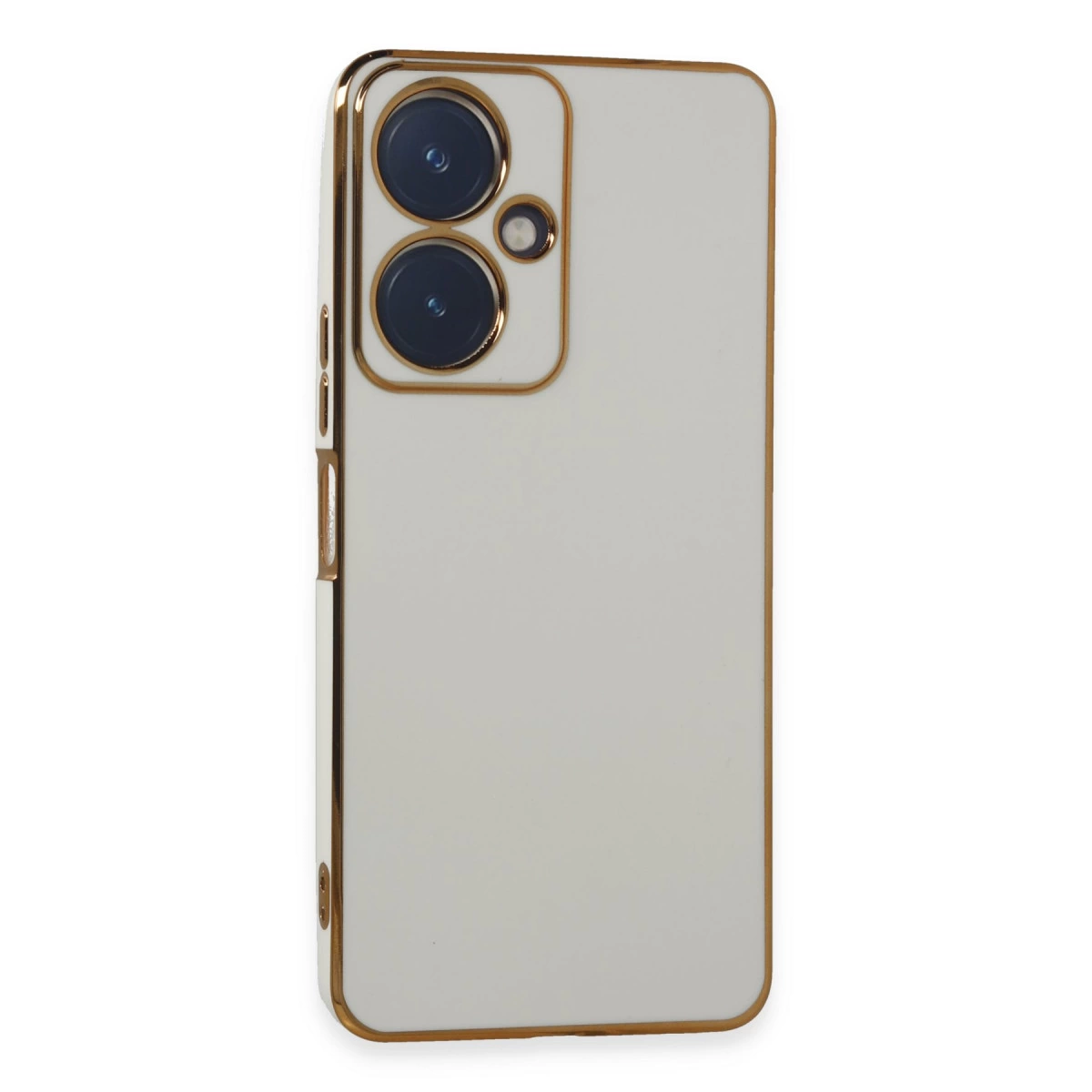 Altın çerçeveli beyaz telefon kılıfı, çift lensli kamera modülü.