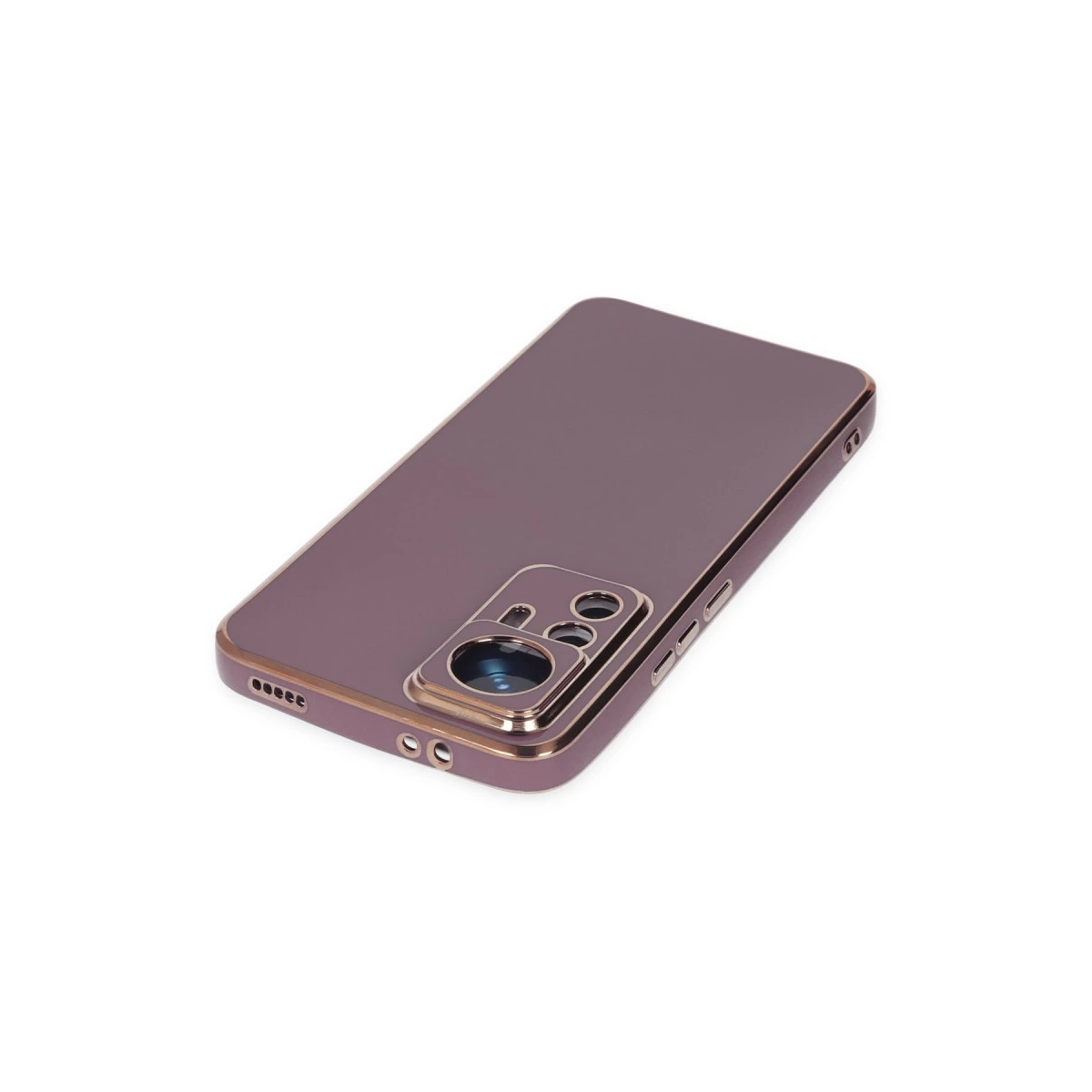 Beyaz arka plan üzerinde kamera modülüne sahip mor telefon kılıfı.