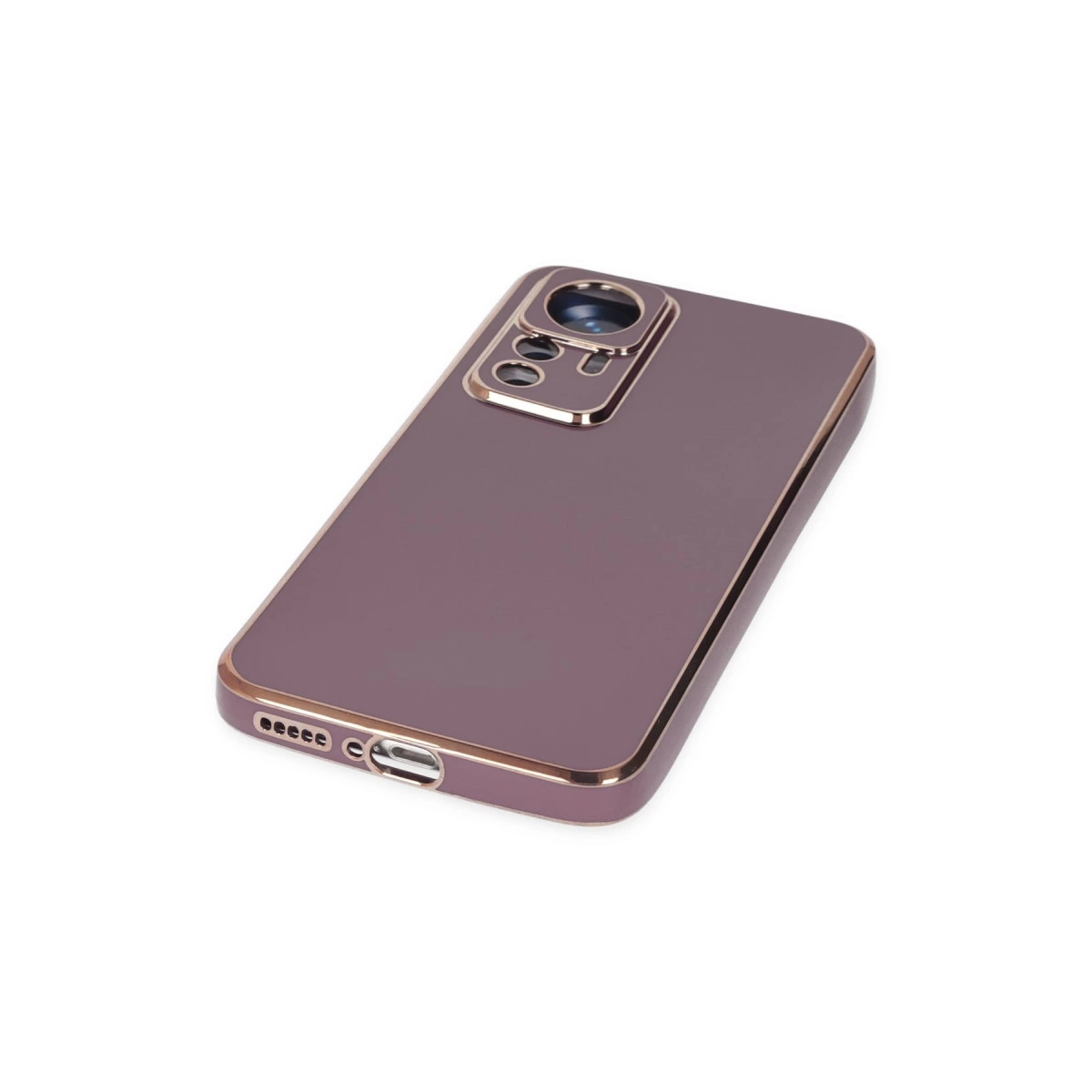 Altın kenarlı ve kamera modüllü mor telefon kılıfı, beyaz zeminde.