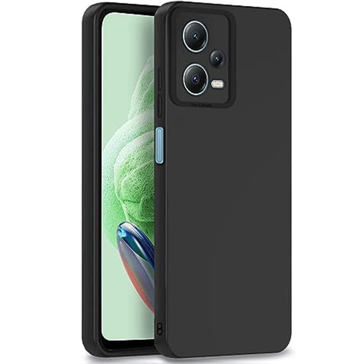 Siyah telefon kılıfı, yeşil duvar kağıtlı ve kameralı bir akıllı telefonu kaplar.