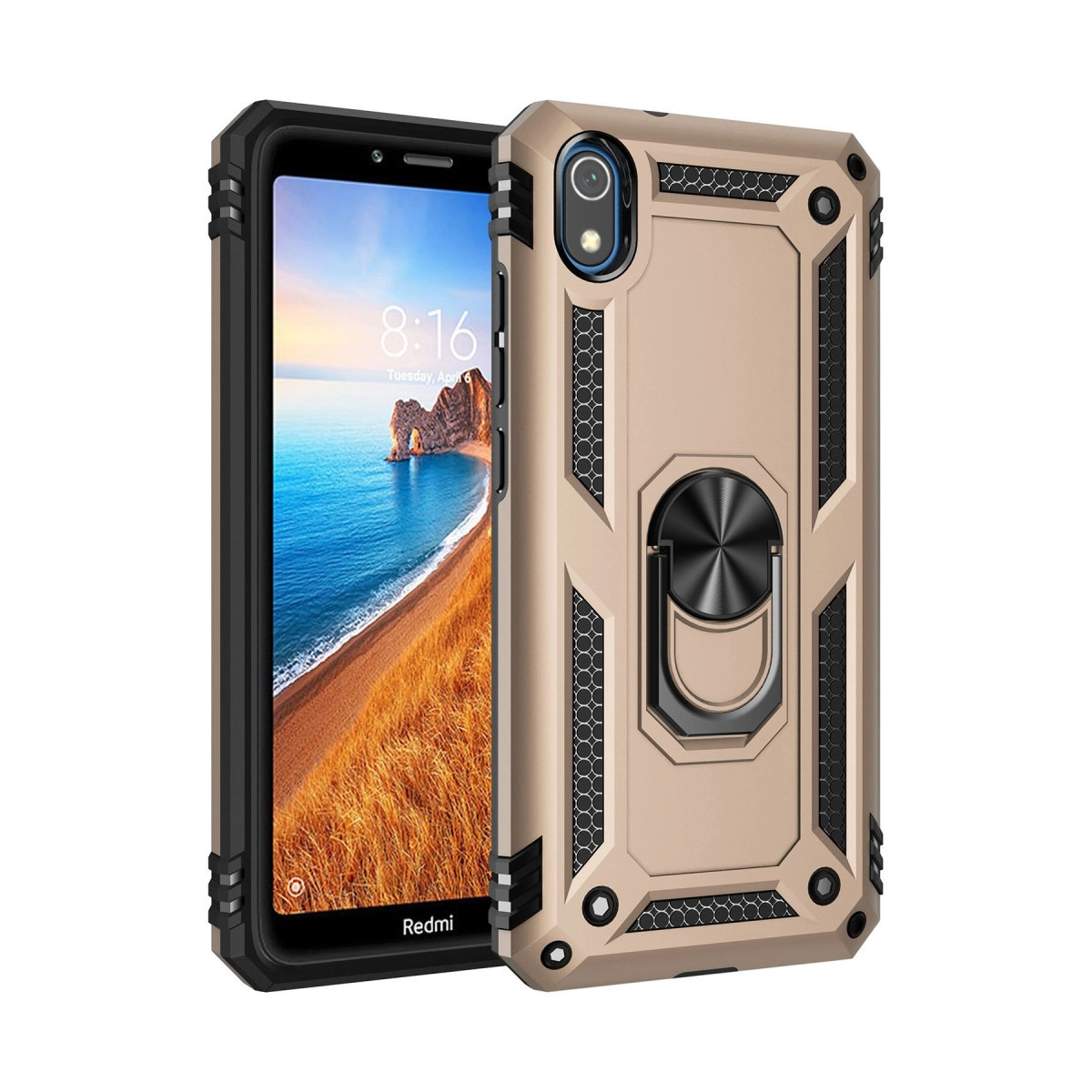 Halka tutuculu altın rengi telefon kılıfı ve plaj duvar kağıtlı bir telefon.