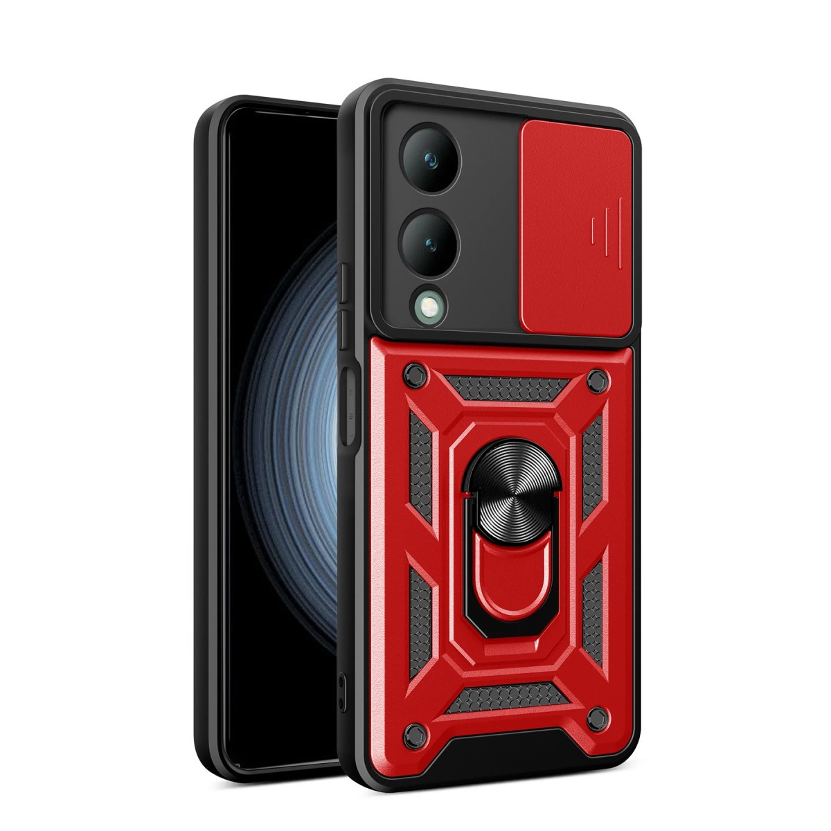 NEWFACE Vivo Y17S Uyumlu Pars Lens Yüzüklü Silikon Telefon Kılıfı Kırmızı