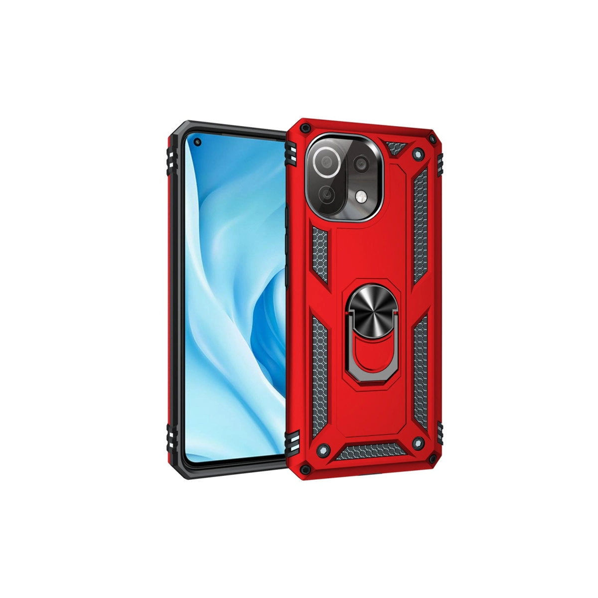 Kamera oyuntulu kırmızı telefon kılıfı, halka tutuculu, beyaz arka plan üzerinde.