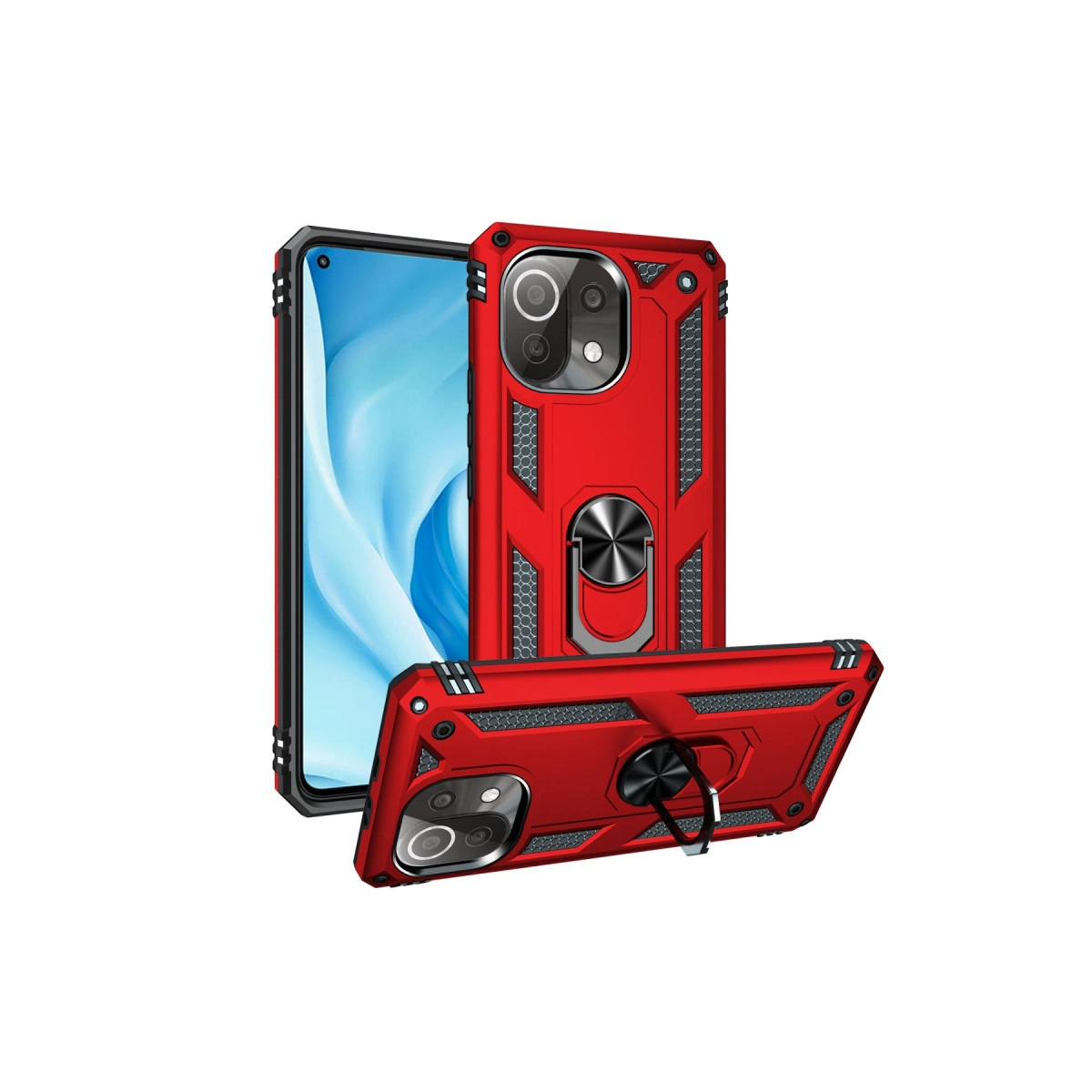 Bal peteği desenli kırmızı telefon kılıfı, halka tutuculu, beyaz zeminde.