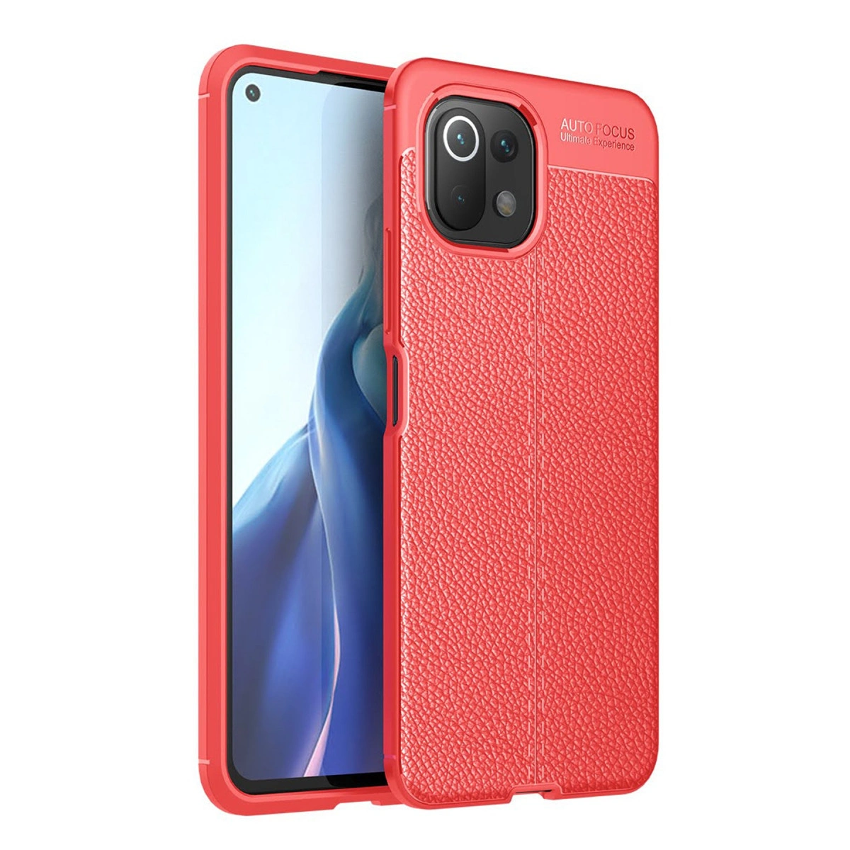 Deri dokulu kırmızı telefon kılıfı ve kamera kesiği.