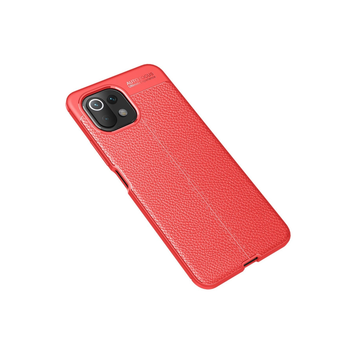 Doku kaplamalı kırmızı telefon kılıfı ve kamera modülü.