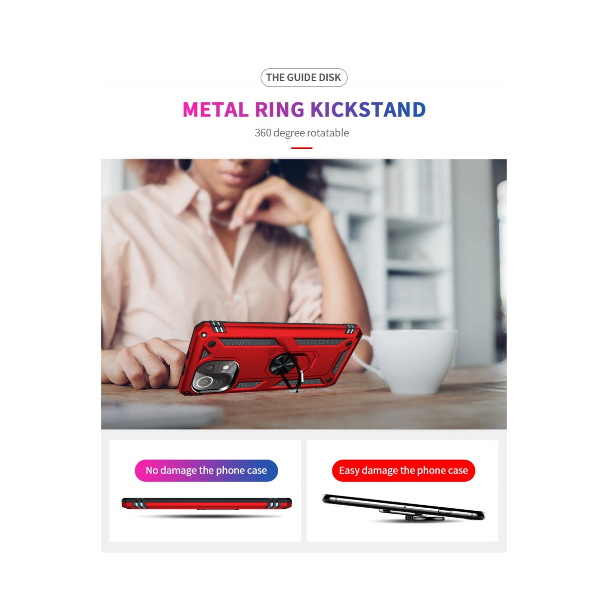 Metal halkalı kickstandlı kırmızı telefon kılıfı, 360 derece dönebilir, masada.