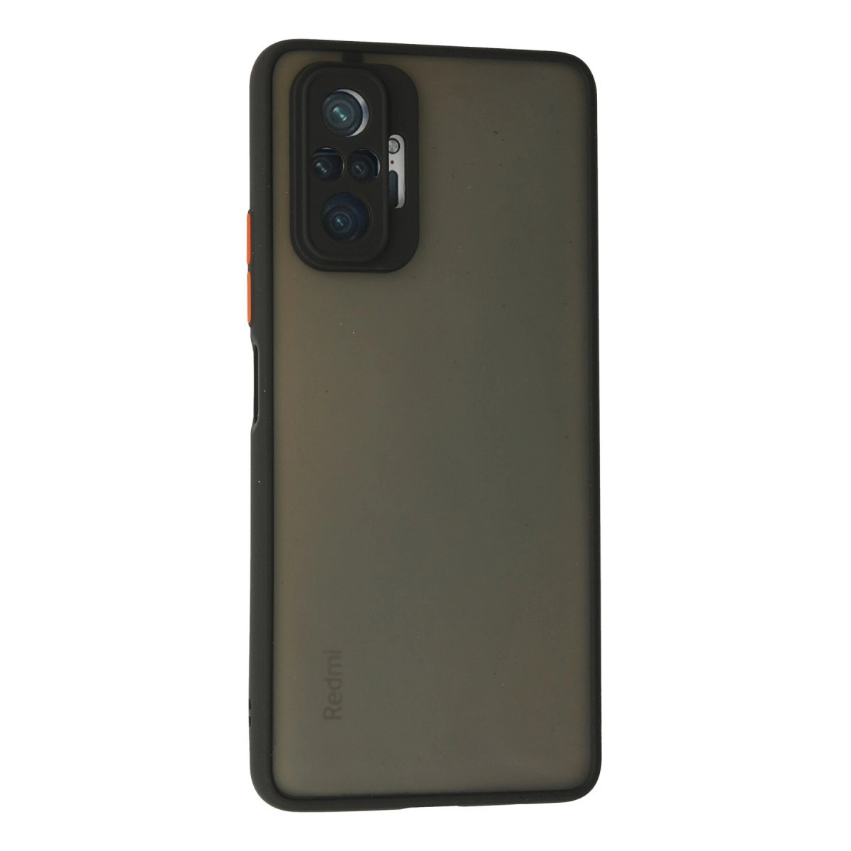 Dört kameralı ve kırmızı düğmeli koyu renkli Redmi telefonun arkası.