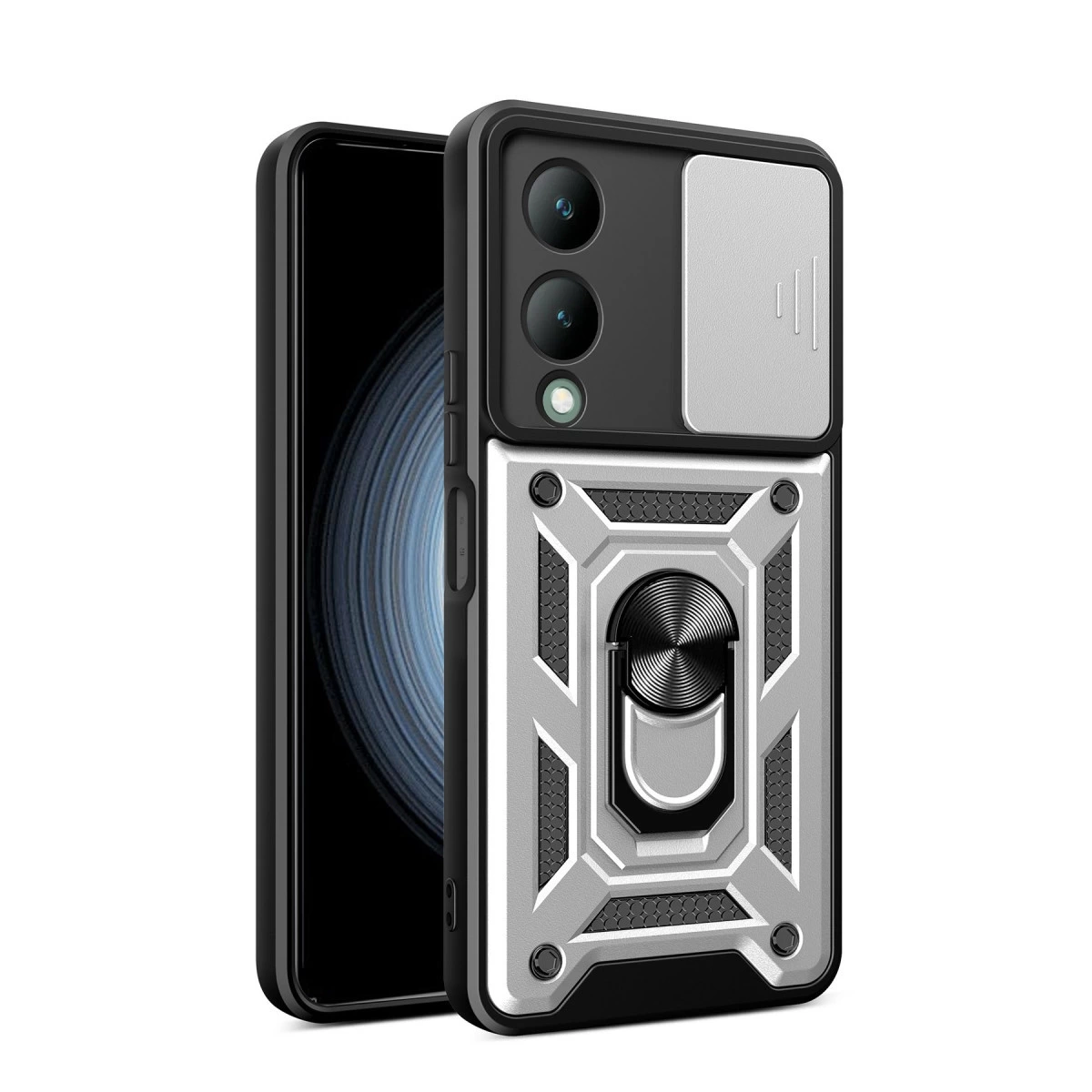 NEWFACE Vivo Y17S Uyumlu Pars Lens Yüzüklü Silikon Telefon Kılıfı Gümüş