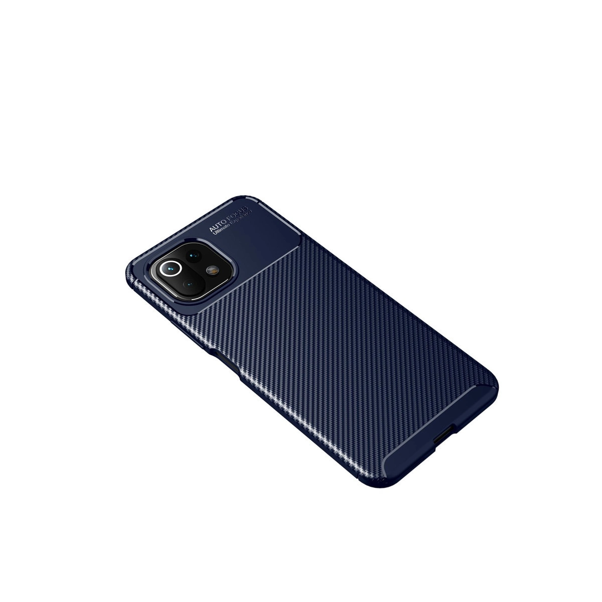 Karbon fiber desenli lacivert telefon kılıfı ve kamera kesimi.
