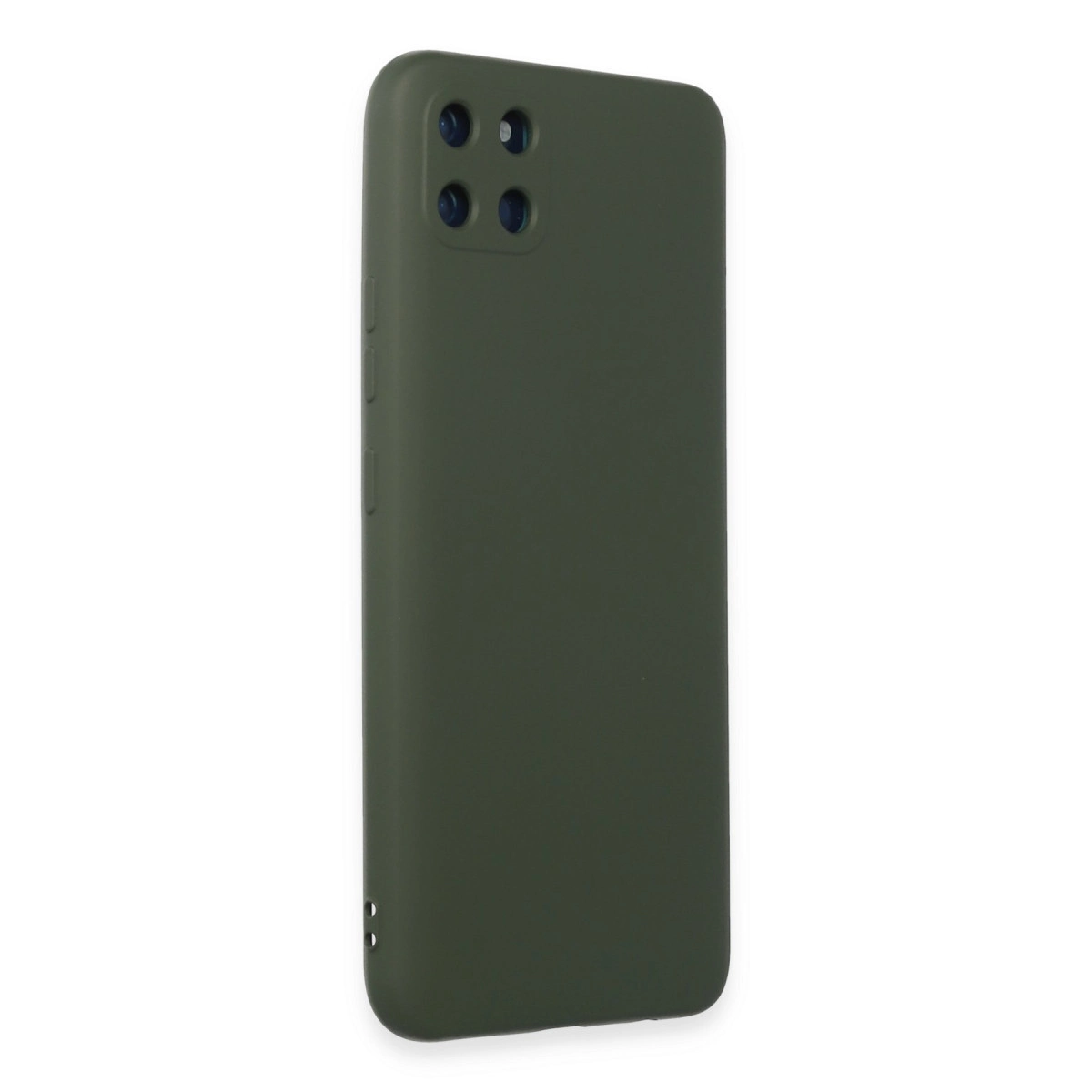 Arkada dörtlü kamera kurulumuna sahip koyu yeşil telefon kılıfı.