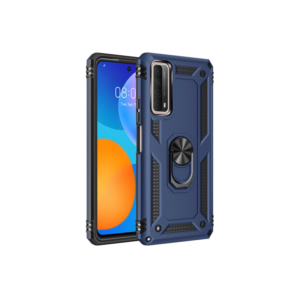 Halka tutuculu mavi telefon kılıfı ve 08:00 gösteren bir akıllı telefon.