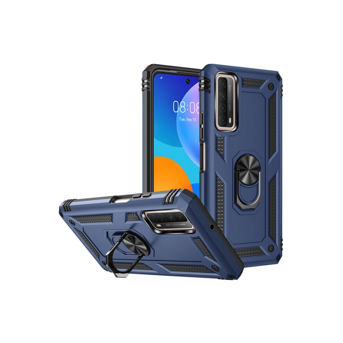 Halka tutuculu iki mavi telefon kılıfı, biri dik, biri yan yatırılmış.