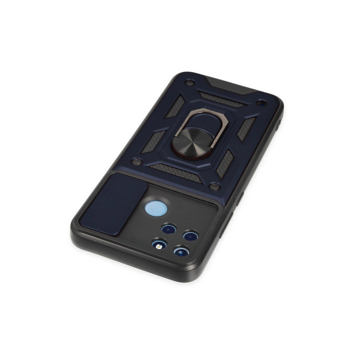 Halka tutuculu ve kamera kesimli koyu mavi telefon kılıfı.